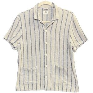 Marine Layer Diego Camp Shirt Natural W/Navy Stripe Open-Weave Cotton Men Size M